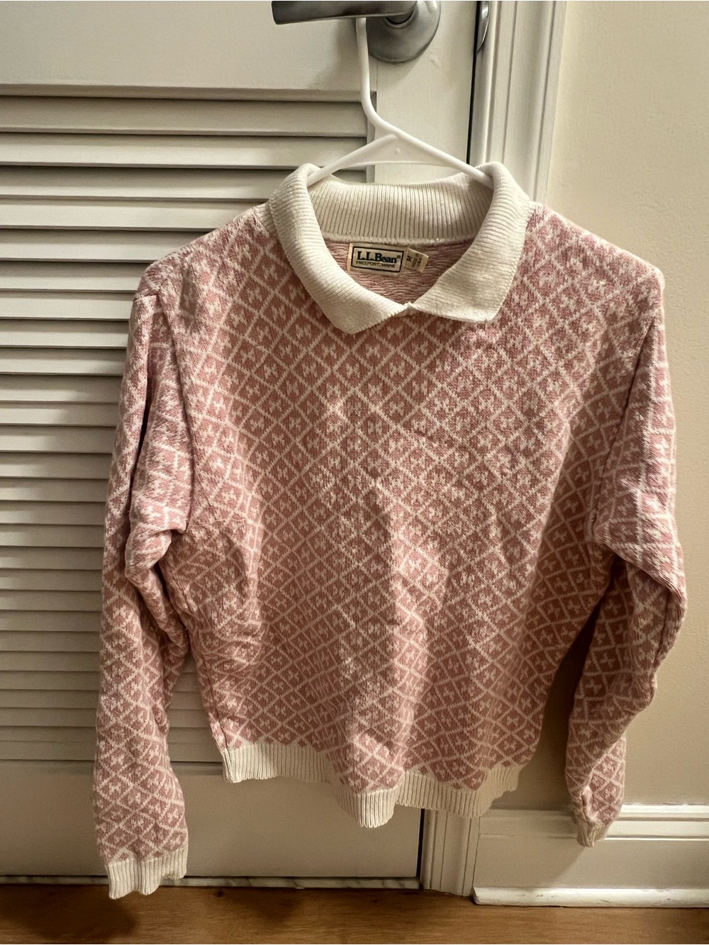 L.L. Bean Pink and White Geometric Polo-Collar Sweater